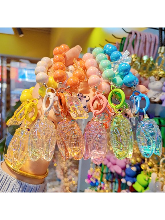 Keychain Strong Load-Bearing Macaron Color Beads Key Chain with Glitter Cicada Pendant Portable Anti-Lost Mobile Phone Chain Bag Hanger