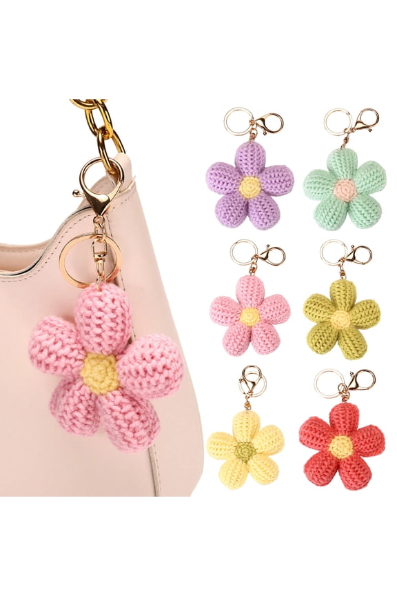 Knitted Keychain Handmade Crochet Flower Keychain Pink Bohemian Bag Charm Car Keys Backpack Accessories