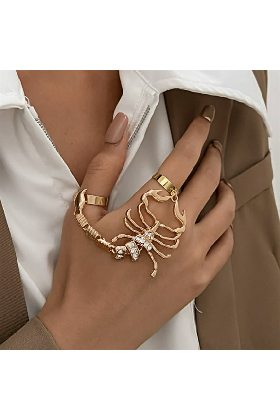 Knuckle Ring Exaggerated Geometric Pattern Shining Punk Style Electroplating Decoration Unfading Rhinestone Scorpion Charm 2 Fingers Ring Jewelry Accessory