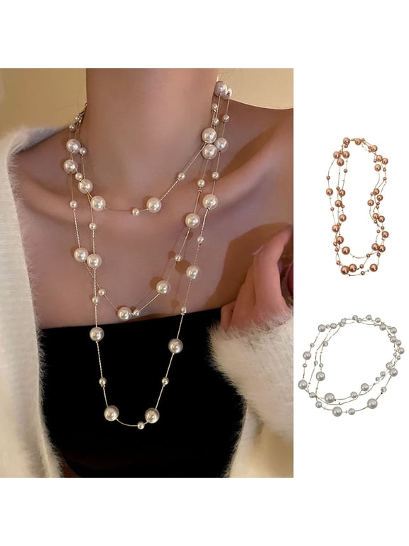 Ladies Necklace Sweater Top Necklace Multi Layers Faux Pearl Clothes Accessory Stainless Lightweight Lady Jewelry Sweater Chain Women Gift