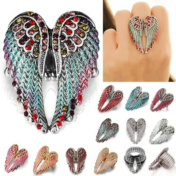 SmartBy Lady Fashion Multicolor Rhinestone Wings of Angel Charm Ring Finger Jewelry Gift
