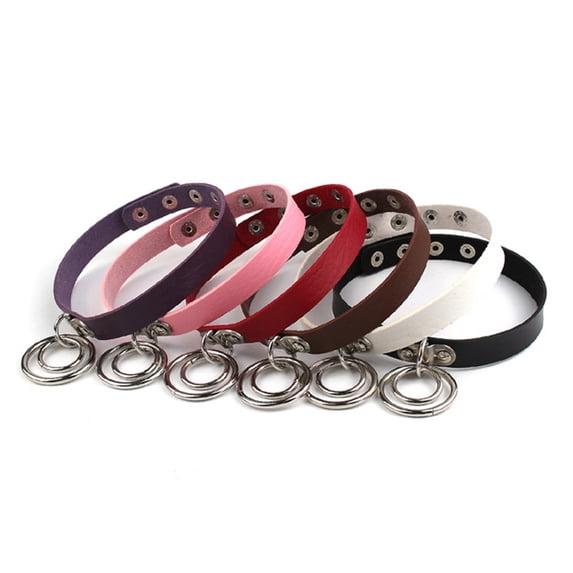 SmartBy Lady Fashion Punk Choker Double Rings Pendant Faux Leather Short Collar Necklace