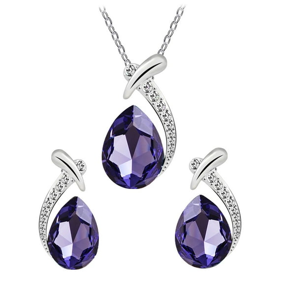 SmartBy Lady Faux Crystal Water Drop Pendant Chain Necklace Earrings Wedding Jewelry Set