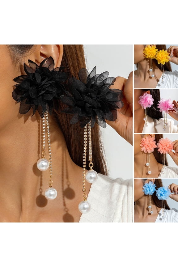 Large Fabric Flower Earrings Boho Faux Pearl Dangle Drop Earrings Long Rhinestone Tassel Earrings for Holiday Vacation Parties Beach