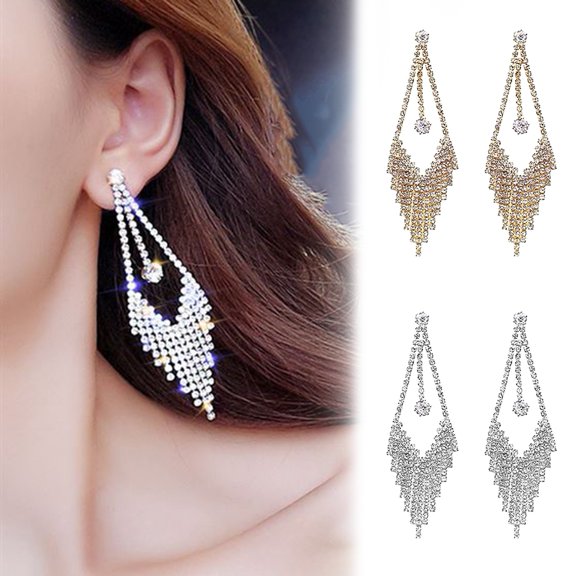 SmartBy Luxury Geometric Tassel Rhinestone Long Dangle Women Stud Earrings Jewelry Gift