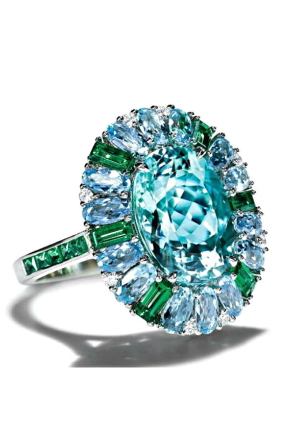 Luxury Women Faux Emerald Aquamarine Flower Ring Wedding Party Jewelry Gift