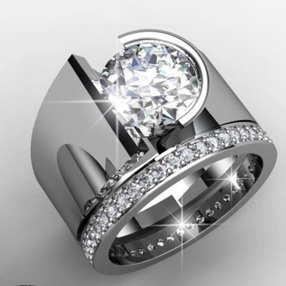 SmartBy Luxury Women Round Rhinestone Inlaid Wide Band Geometric Ring Party Jewelry Gift