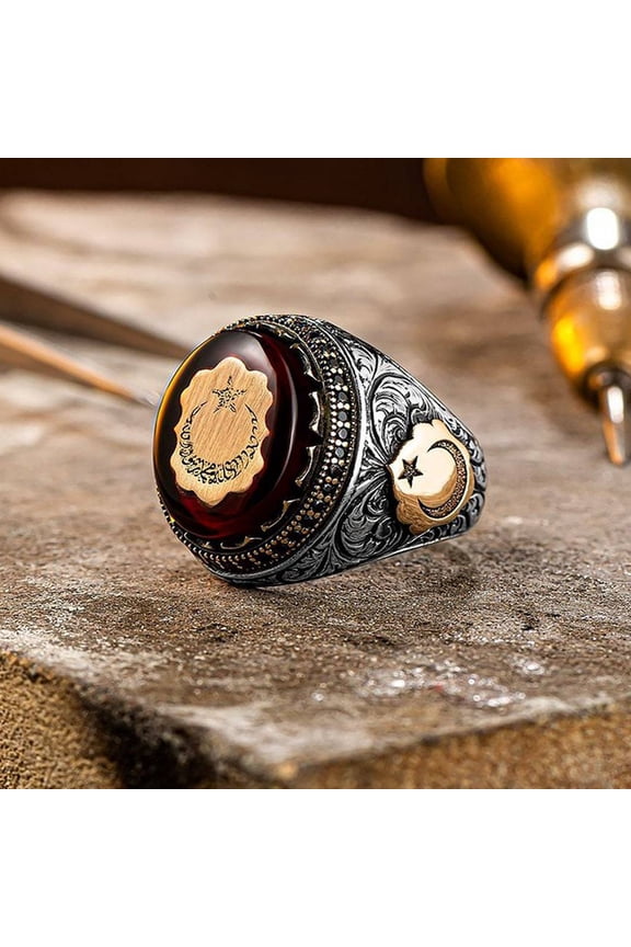 Male Ring Personality Hand Engraved Pattern Handmade Lustrous Vintage Red Stone Turkish Signet Ring Jewelry Accessory