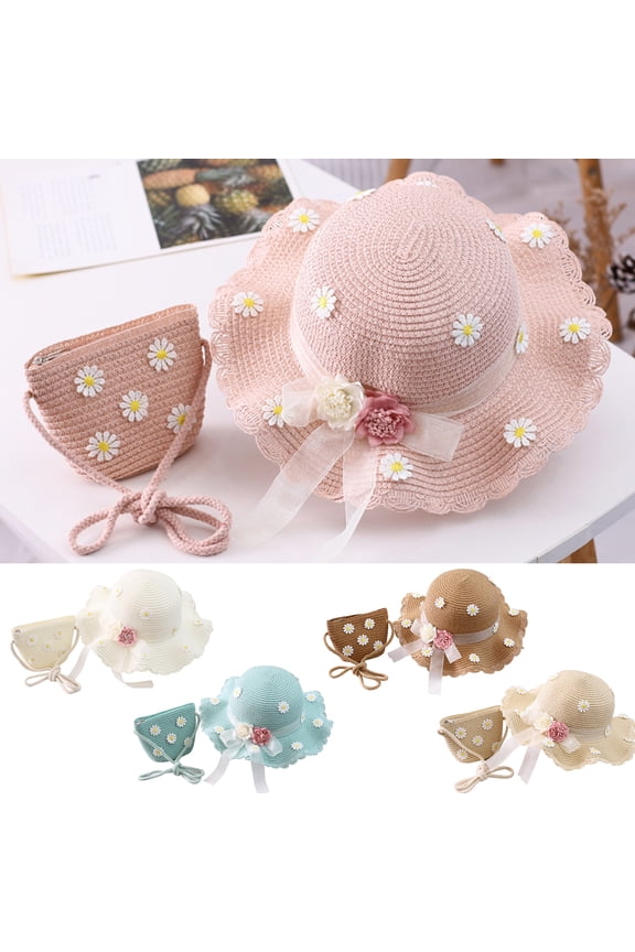 Dress Up Bow Wide Brim Girl Straw Sunhat Purse Hat Bag Set for Outdoor