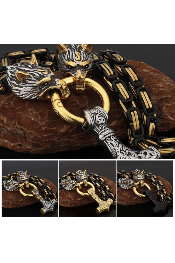 Men Necklace Retro Nordic Viking Style Hammer Wolf Head Pendant Amulet Thick Chain Symbol of Strength Protecting Adult Necklace Birthdays Weddings Christmas Gift