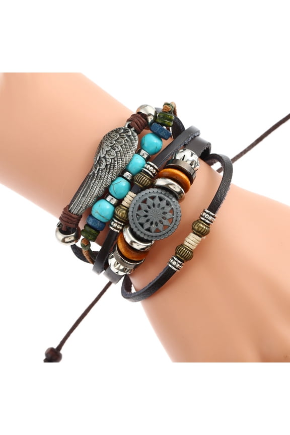 Multi-Layer Alloy Feather Beads Chain Bracelet Ethnic Woven Wrist Band Decor