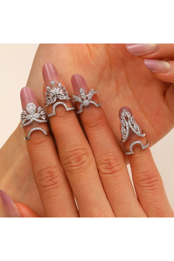 Nail Ring 3D Butterfly Flower Wing Design Detachable Nail Cap Ring Set Sparkling Cubic Zirconia Manicure Ring