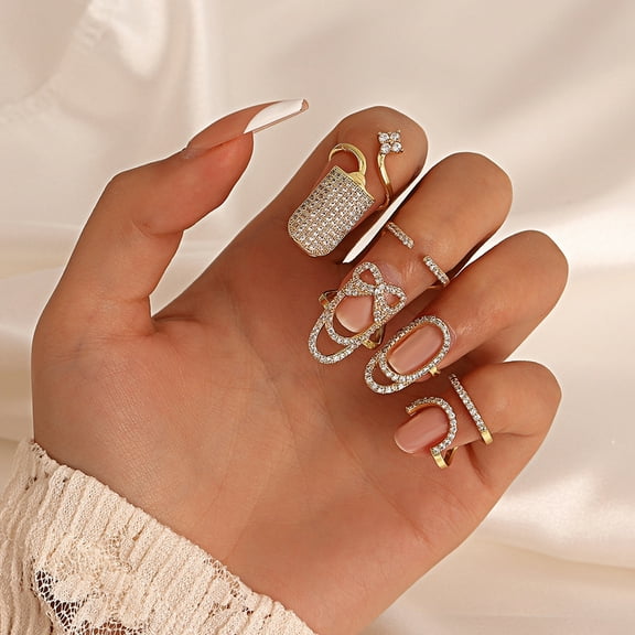 SmartBy Nail Ring Hollow Shiny Rhinestone Inlaid Sparkling Adjustable Opening Geometric Manicure Joint Ring Women Party Jewelry Gift for Girlfriend