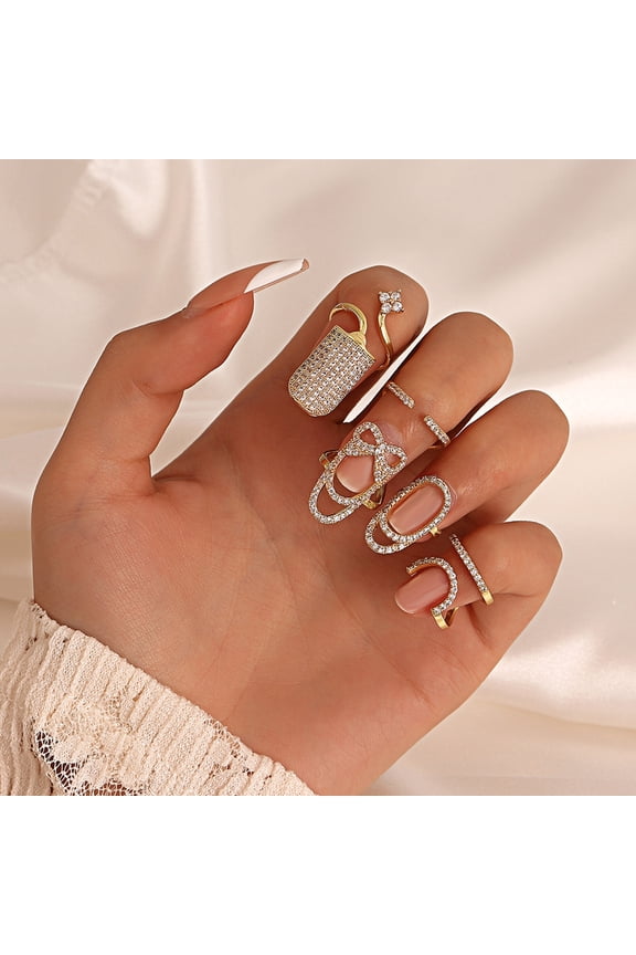 Nail Ring Hollow Shiny Rhinestone Inlaid Sparkling Adjustable Opening Geometric Manicure Joint Ring Women Party Jewelry Gift for Girlfriend