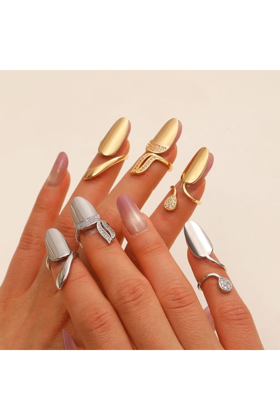 Nail Ring Lightweight Adjustable Size Mirror Metal Surface Non-Falling Off Nail Art Jewelry with Cubic Zirconia Fingertip Jewelry