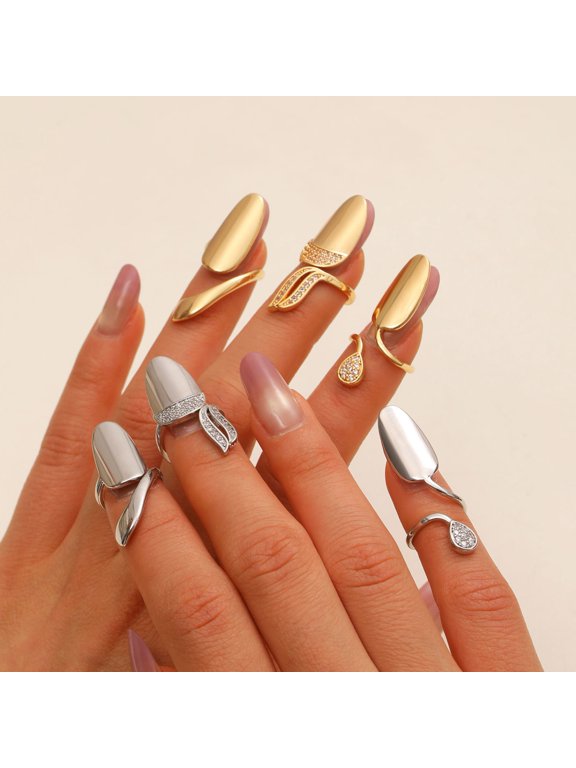 Nail Ring Lightweight Adjustable Size Mirror Metal Surface Non-Falling Off Nail Art Jewelry with Cubic Zirconia Fingertip Jewelry