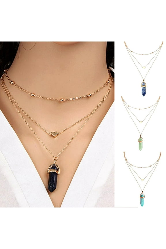 Necklace Hexagonal Rhomboid Faux Crystal 3 Layers Women Heart Beads All Match Choker for Wedding