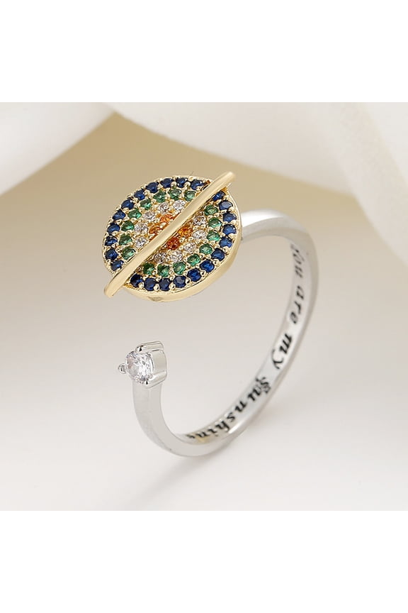 Open Ring Shining Rotatable Colorful Cubic Zirconia Lettering Rhinestone Anxiety Relief Planet Design Women Fidget Anti Anxiety Ring Jewelry Accessory
