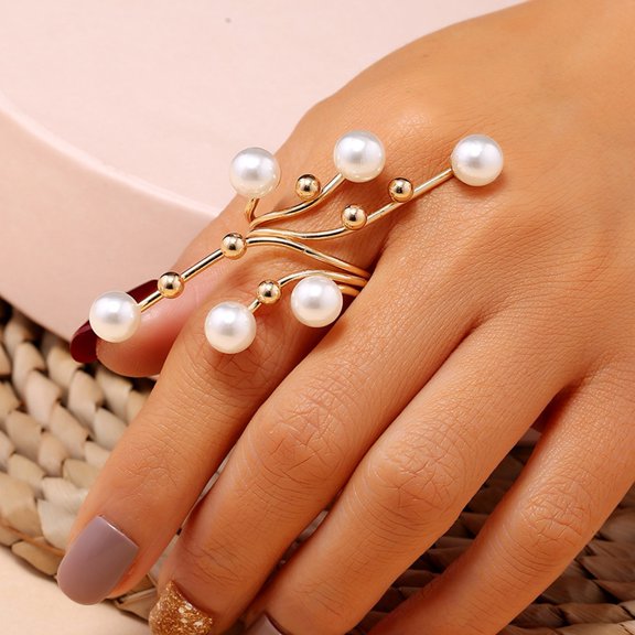 SmartBy Opening Ring Exaggerated Personality Geometric Large Double Layer Gift Elegant High Gloss Faux Pearl Branch Women Ring Fashion Jewelry