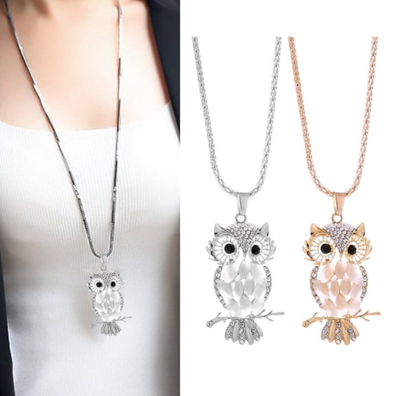 SmartBy Owl Necklace Sweater Chain Faux Opal Rhinestone Decor Alloy Clothes Jewelry Dating Prom Party Garment Decoration Necklace