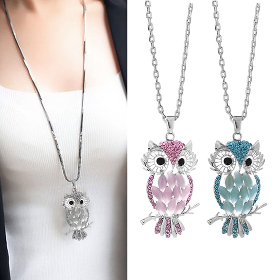 SmartBy Owl Necklace Sweater Chain Faux Opal Rhinestone Decor Hollow Out Alloy Clothes Jewelry Dating Prom Party Garment Decoration Necklace
