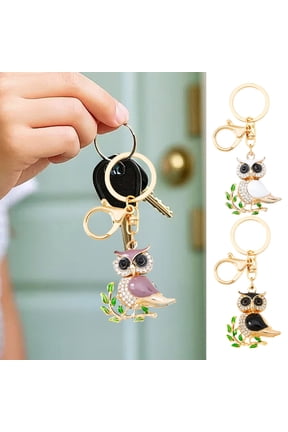 Owl-Shaped Keychain with Enamel Accents Sparkling Rhinestone Car Key Ring for Women Wisdom Symbol Pendant for Bags Keys