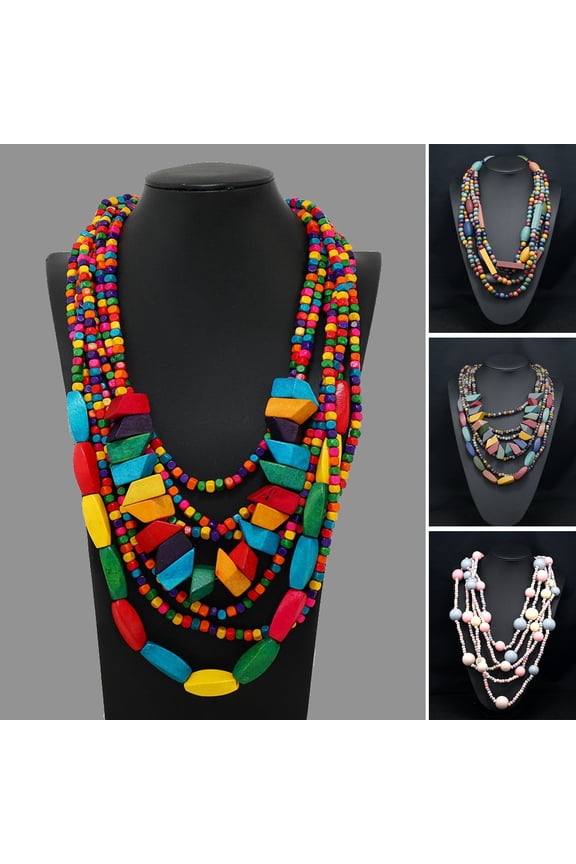 Party Necklace Exaggerated Vintage Multilayer Handmade Colorful Beads Dress Up Fashion Item Ethnic Tassel Wood Beaded Bib Necklace Holiday Party Jewelry