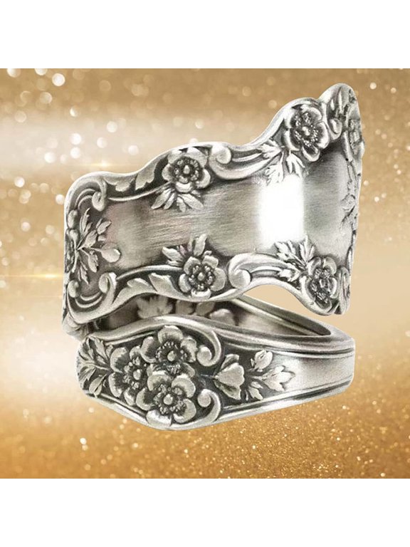 Party Ring Electroplating Polished Surface Geometric Flower Patterns Unfading Gift Giving Finger Band Adjustable Vintage Spoon Open Ring Jewelry Accessory