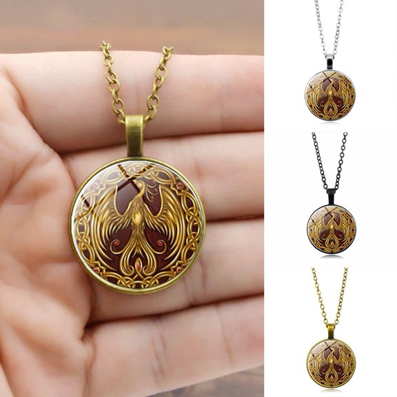 SmartBy Phoenix Pattern Pendant Cabochon Vintage Jewelry Glass Necklace Chain Women Gift