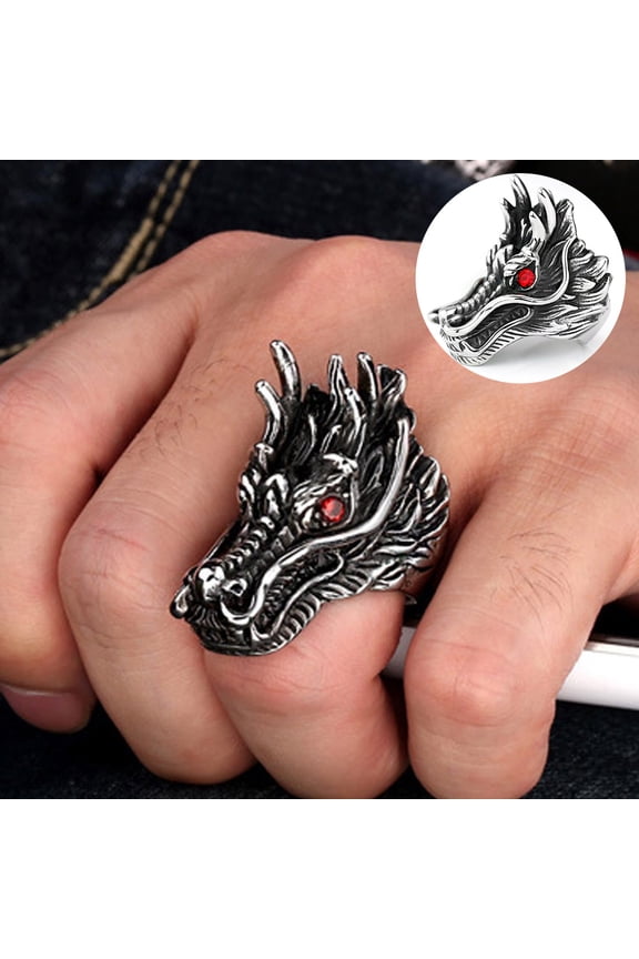 Punk Men Cubic Zirconia Inlaid Carved Dragon Head Finger Ring Party Jewelry Gift