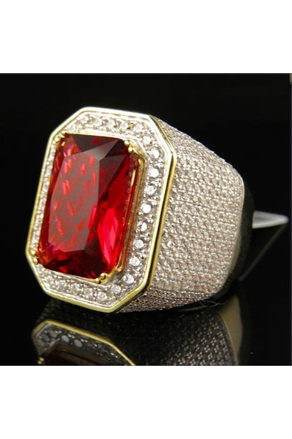 Punk Men Square Shape Faux Ruby Sapphire Inlaid Finger Ring Party Jewelry Gift