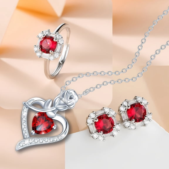 SmartBy Red Zircon Love Heart Jewelry Set Rhinestone Necklace Stud Earrings Ring Set Romantic Accessories for Birthday Valentine's Day Gift