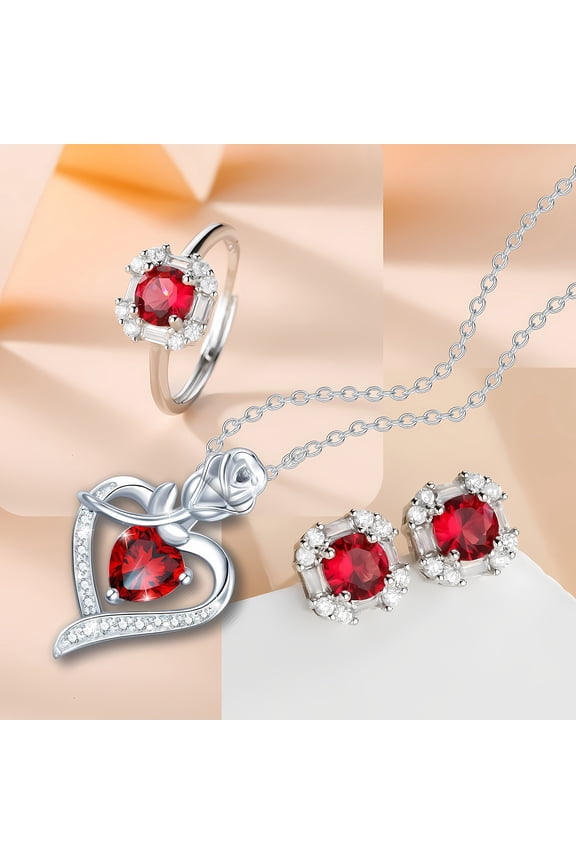 Red Zircon Love Heart Jewelry Set Rhinestone Necklace Stud Earrings Ring Set Romantic Accessories for Birthday Valentine's Day Gift