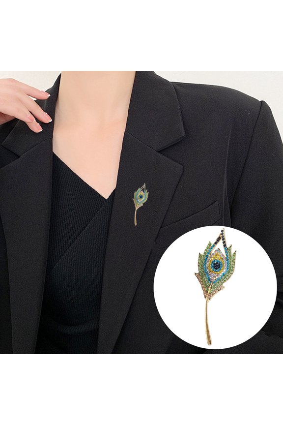 Retro Colorful Rhinestones Inlaid Brooch Peacock Feather Shape Suit Pin Lapel Shawl Coat Hat Badge Fashion Accessories