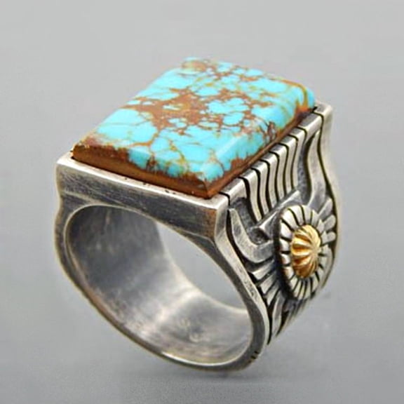 SmartBy Retro Engraved Sunflower Faux Turquoise Inlaid Ring Women Banquet Jewelry Gift