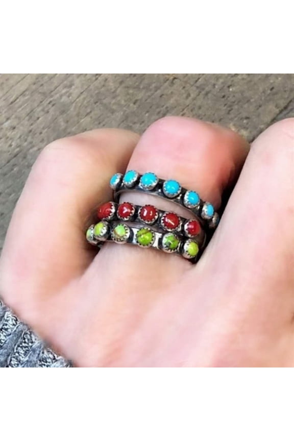 Retro Ethnic Style Turquoise Small Round Beads Ring Women Jewelry Accessories