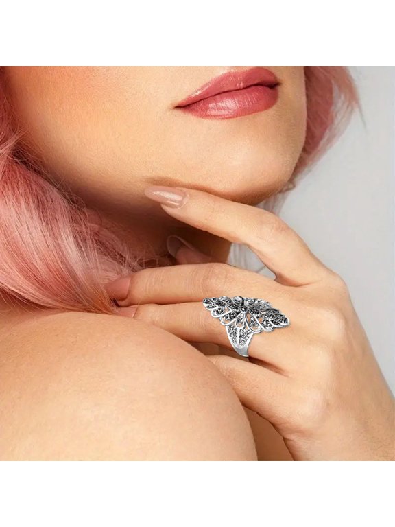 Retro Lace Finger Ring Exaggerated Faux Gemstones Petal Finger Band Women Silver Color Decorative Ring Jewelry Accessories