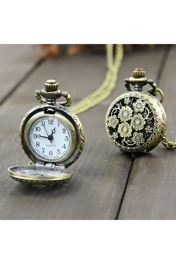 Retro Vintage Steampunk Quartz Necklace Carving Pendant Chain Clock Pocket Watch