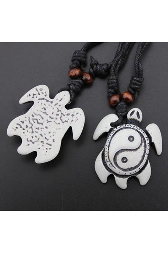 Retro Women Men Faux Bone Wax Cord Yin Yang Tai Chi Turtle Pendant Necklace Gift