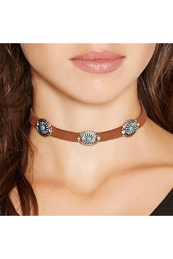 Retro Women Turquoise Flower Velvet Choker Collar Necklace Boho Ethnic Style