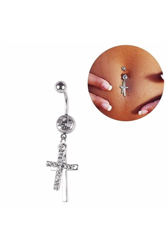 Rhinestone Double Cross Dangle Navel Belly Button Barbell Ring Body Piercing Jewelry