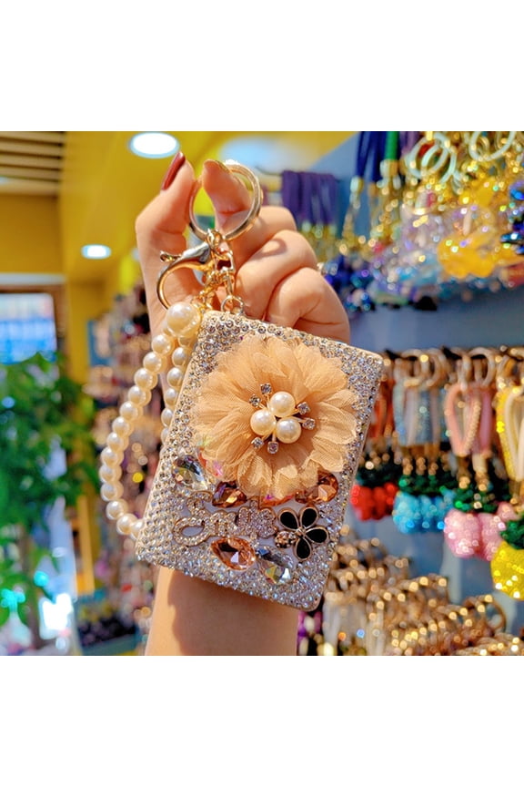 Rhinestone Double-Sided Pocket Mirror Keychain Small Bling Travel Folding Makeup Mirror Bead String Bag Charm for Women Purse Handbag Wallet Accessory