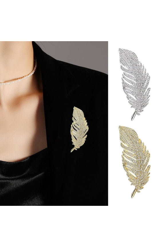 Rhinestone Feather Brooch for Women Men Faux Crystal Feather Lapel Safety Pin Collar Jewelry Accessory for Parties Weddings