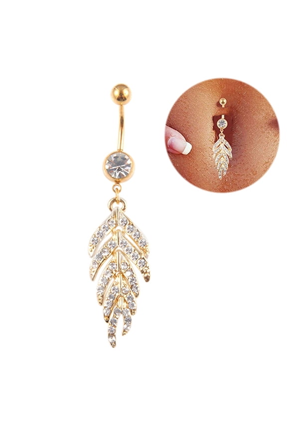 Rhinestone Fir Leaf Belly Button Navel Ring Golden Tone Body Piercing Jewelry