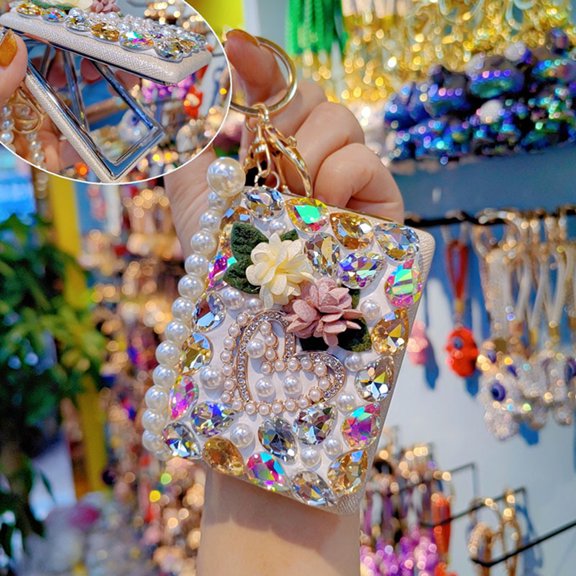 SmartBy Rhinestone Mirror Keychain Bling Folding Makeup Mirror Keyring Pendant Beaded Wristlet Bag Charm for Car Keys Purse Handbag Backpack Accessories