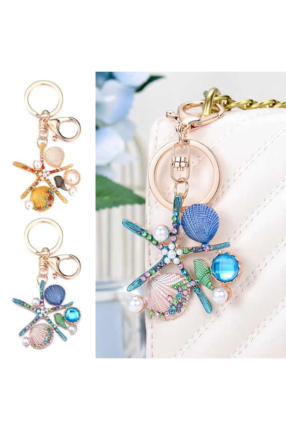 Rhinestone Starfish Keychain Sparkling Shell Faux Pearl Keyring Pendant for Purse Backpack Accessory Gift for Friends