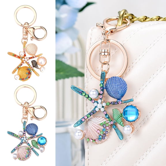 SmartBy Rhinestone Starfish Keychain Sparkling Shell Faux Pearl Keyring Pendant for Purse Backpack Accessory Gift for Friends