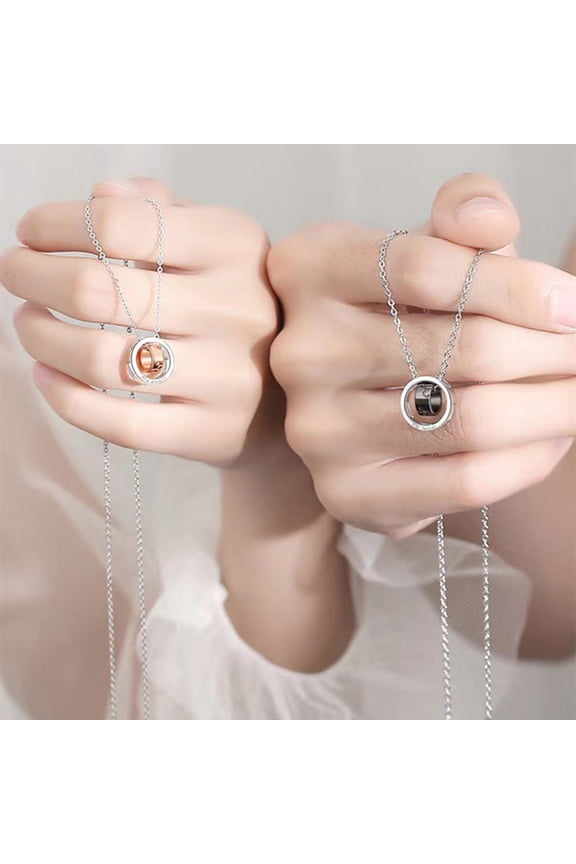 Ring Charm Couple Necklace Dual Rings Pendant Necklace Her Beast His Beauty Alloy Necklace for Valentine's Day Anniversary Birthday Gift