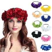 SmartBy Rose Headband Handmade Hair Hoop with 5 Artificial Roses High Elastic Design Bohemia Style Hair Hoop Festival Decor