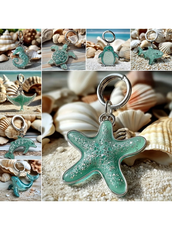Sea Blue Ocean Animal Keychain Collection Vibrant Cobalt Blue Design Whimsical Penguin Turtle Starfish Animal Keychain